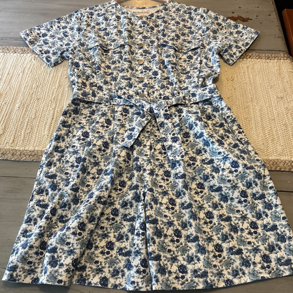 Vtg Westport Ltd Blue White Floral Denim Romper Button Front Zip Fly Sz 1X